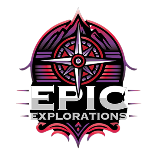 The Epic Explorations logo features a bold, stylized compass rose at its center, symbolizing adventure and travel. The background includes mountain peaks and horizontal lines resembling a sunset or horizon, in a gradient of deep purples, reds, and oranges. The words "EPIC EXPLORATIONS" are prominently displayed in bold, silver and white capital letters, with decorative flourishes below, enhancing the logo's adventurous and sophisticated aesthetic. The overall design conveys a sense of exploration, discovery, and luxury travel experiences.