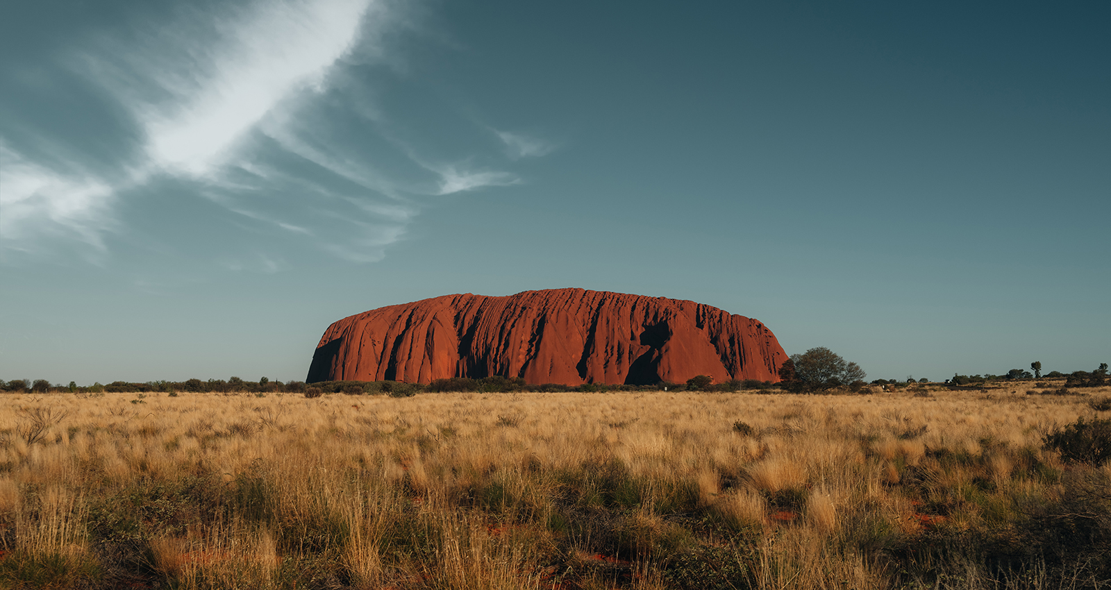 Beautiful view of Uluru, Ayers rock before sunset at Uluru-Kata Tjuta National Park, Northern Territory, Australia. a large rock in the middle of a field with Uluru in the background Australia